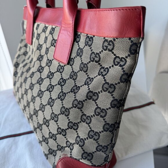 GUCCI Tote Bag GG Pattern Canvas Leather Beige Red Authentic - Picture 2 of 11